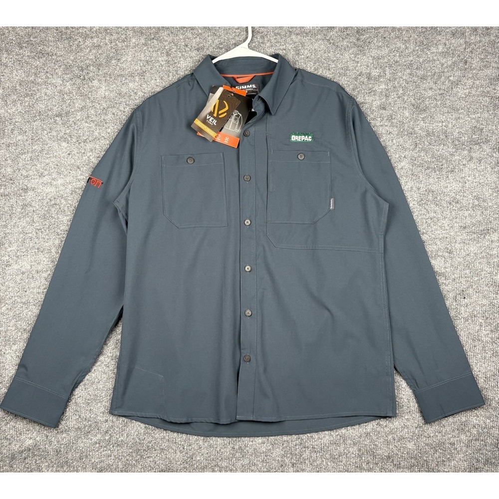 Simms Veil Camo Fishing Shirt Mens M Gray UPF Stretch NWT OREPAC Button